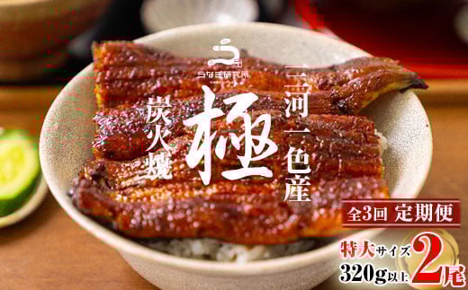 【定期便】三河一色産うなぎ蒲焼特大2尾(320g以上)×3回・R013