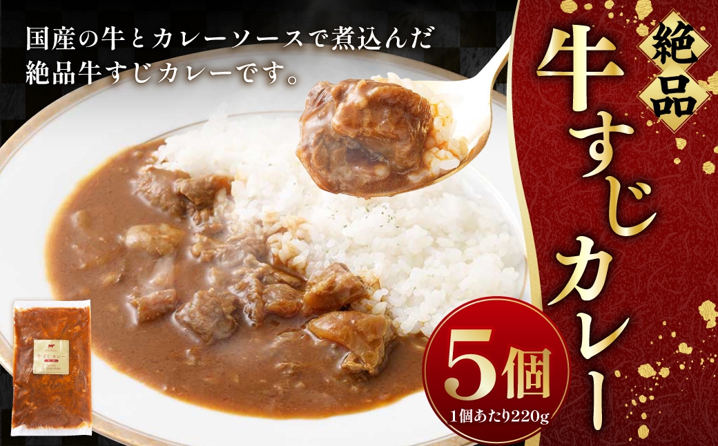 
                  絶品牛すじカレー 5個入（220g×5個） すじ肉 煮込み 中辛 レトルト カレー 牛すじカレー 絶品 お肉 にく 肉 ニク 牛肉 牛 冷凍 カレーソース 国産
                