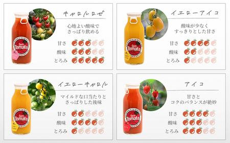 飛騨産 100％ 無添加 ミニトマトジュース180㎖  4本セット(3) 4種類  (アイコ、イエローアイコ、キャロルロゼ、イエローキャロル)（各1本） トマトジュース 野菜ジュース  無添加 無塩【