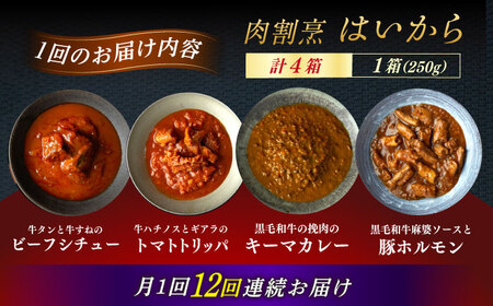 【12回定期便】【ギフト箱無しでその分お得】肉割烹はいから『牛タンと牛すねのビーフシチュー』『牛ハチノスとギアラのトマトトリッパ』『黒毛和牛の挽肉のキーマカレー』『黒毛和牛の麻婆ソースと豚ホルモン』/