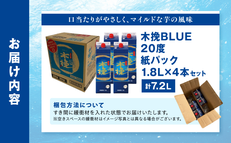 【超最速便】木挽BLUE 20度 紙パック 1.8L 4本セット お酒 アルコール 芋焼酎