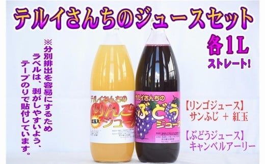テルイさんちのジュースセット【りんごジュース＆ぶどうジュース】各1L【照井観光果樹園】　青森県産