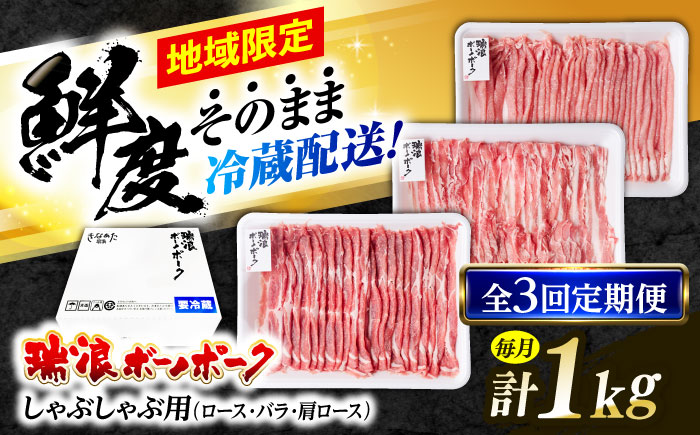 【3回定期便】※冷蔵配送/地域限定※ 岐阜県産 豚 瑞浪ボーノポーク しゃぶしゃぶ 1kg 食べ比べセット (ロース・バラ・肩ロース) 瑞浪市 / きなぁた瑞浪 [AZCI044]