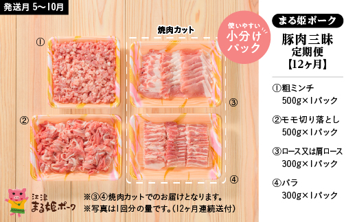 定期便【12ヶ月】まる姫ポーク 豚肉三昧(肩ロース・バラ・モモ切り落とし・粗ミンチ)