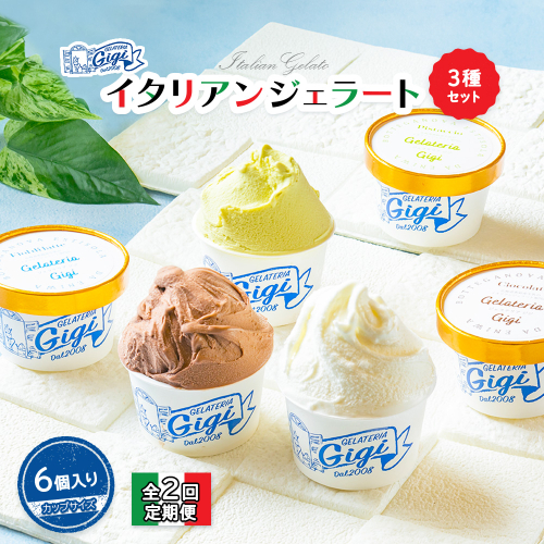 【定期便：全2回】『ジェラテリアGigiのイタリアンジェラート３種セット【カップサイズ6個】牛乳2、ピスタチオ2、チョコレート2【43007101】