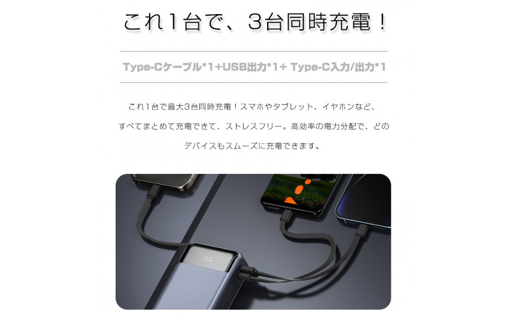 【2025年新モデル】モバイルバッテリー 26800mAh 99.16Wh 急速充電 3台同時充電 ケーブル内蔵 Type-C出入力 LCD残量表示 USBポート PD/QC3.0対応 iPhone 