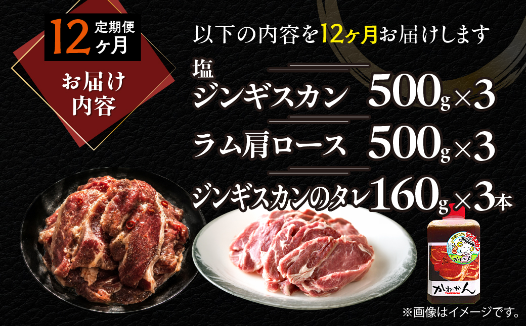 【12ヶ月定期便】塩ジンギスカン500g×3 ラム肩ロース500g×3 セット MROA283 １２回 各３パック(塩ジンギスカン500g､ラム肩ロース500g)