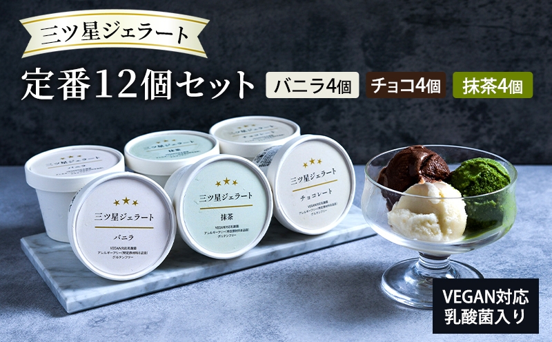 
            世界中の人たちが食べられる！VEGAN対応乳酸菌入り「三ツ星ジェラート」定番12個セット（バニラ×4、チョコ×4、抹茶×4）ジェラート セット アイス スイーツ 豊島区 東京
          