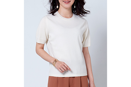 日本製 カシミヤ100% レディース クルーネック半袖 白 Mサイズ [2582]