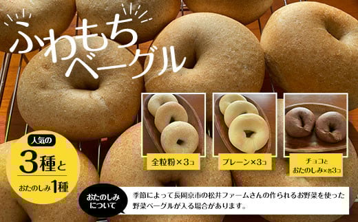 
            【ふわもちベーグル】人気の3種とおたのしみ１種(プレーン3個・全粒粉3個・チョコ3個とおたのしみ3個) /  ふるさと納税 ベーグル  ふわもち 京都府 長岡京市　NGAU01
          