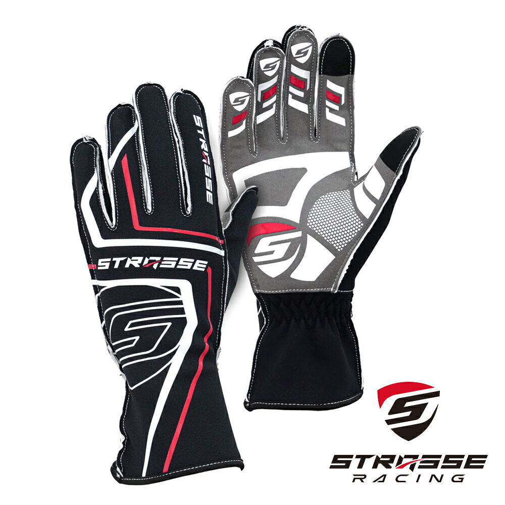 【ふるさと納税】STRASSE レーシンググローブ アウトステッチ ブラック ／ コスティック シリコン 滑り止め加工 衝撃吸収パッド タッチパネル対応 伸縮性 通気性 奈良県 御所市