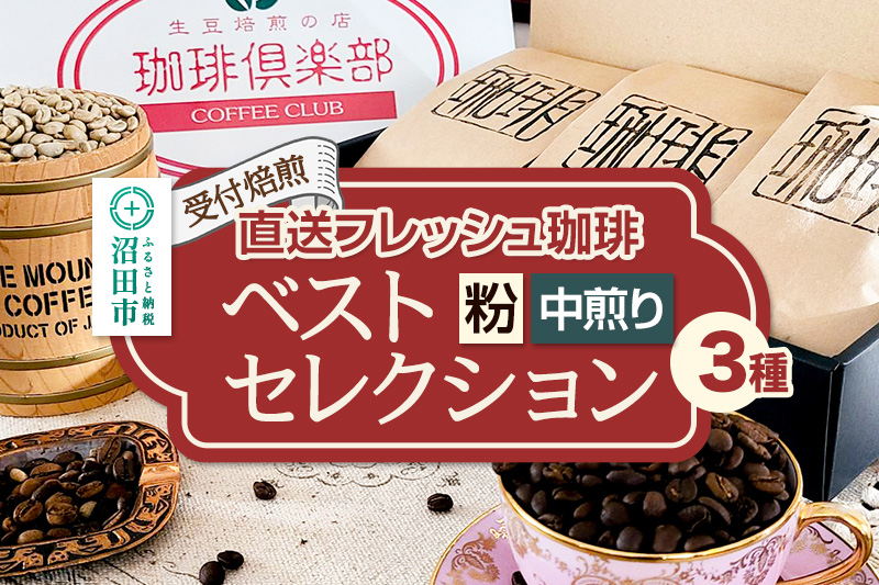 
                  《受付焙煎》直送フレッシュ珈琲 ベストセレクション【粉／中煎り】各200g×3種 計600g 珈琲倶楽部 沼田店 [コーヒー 珈琲 coffee]
                