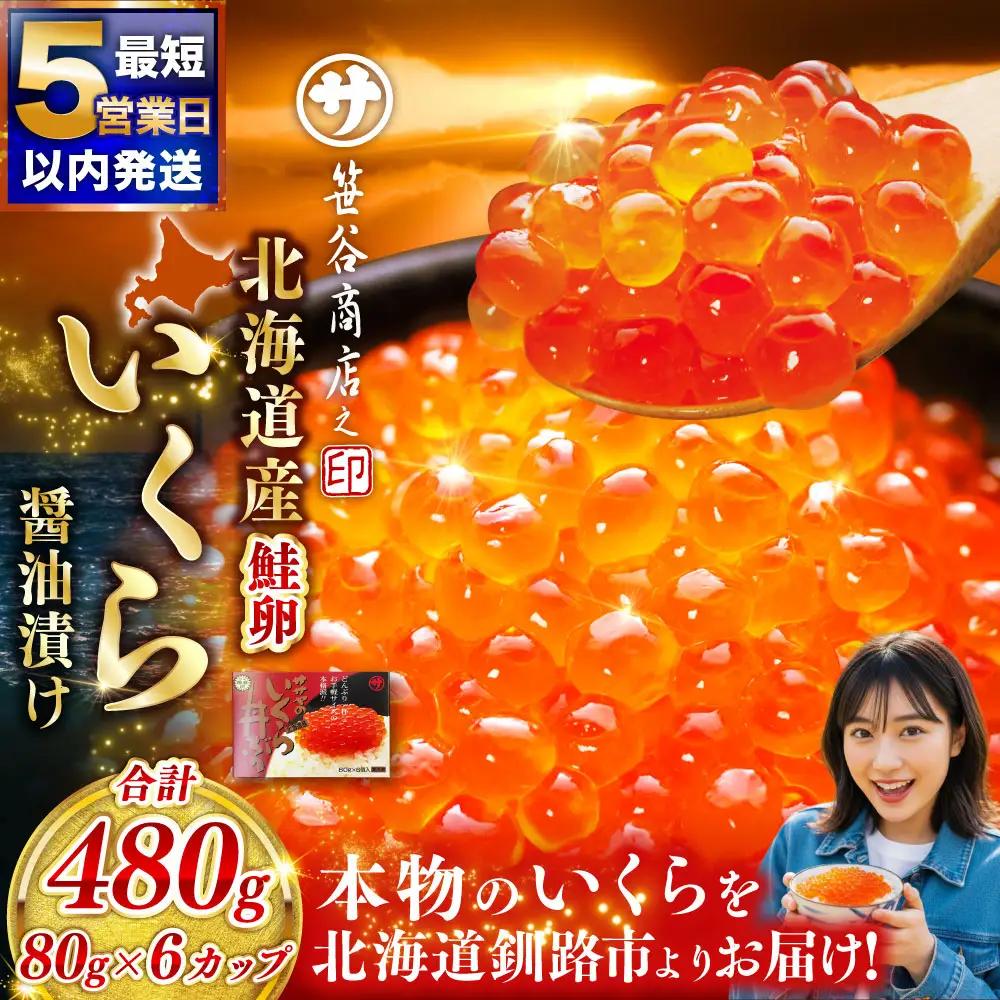 【5営業日以内発送】新物 北海道産 いくら 醤油漬け 80g×6カップ 計480g 北海道 笹谷商店 小分け ギフト 釧路 ふるさと納税 イクラ 魚卵 魚介類 海産物 