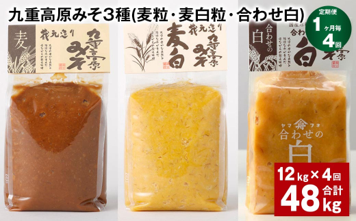 【1ヶ月毎4回定期便】 九重高原みそ 3種（麦粒・麦白粒・合わせ白） 計48kg（12kg✕4回） 味噌 みそ 調味料