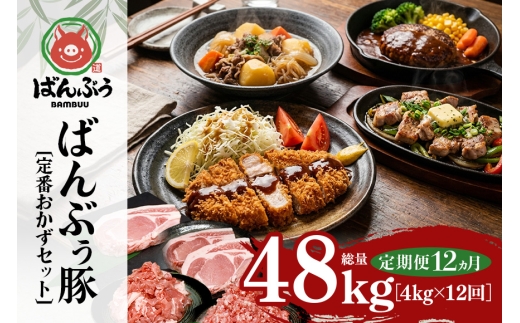 【定期便12ヶ月】ブランド豚「ばんぶぅ」定番おかずセット（計4kg） 定期便 ばんぶぅ 豚肉 リブロース ソテー ロース とんかつ ミンチ 切り落とし 真空パック 定番 おかず トンカツ ひき肉 ソテー用 ぶた肉 ブタ肉 国産 茨城県産 ギフト プレゼント 冷蔵 高級部位 ブランド豚 42-CY