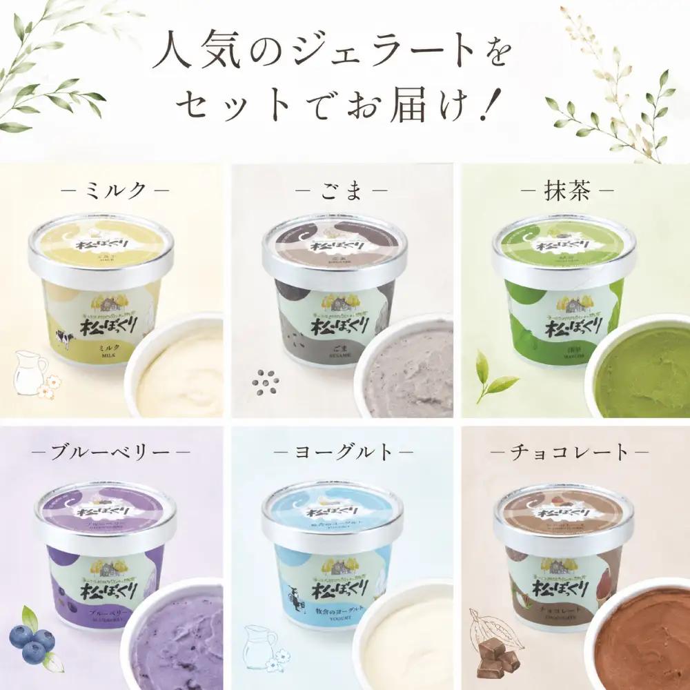 搾りたて牛乳で作る 松ぼっくり ジェラート 食べ比べ 80ml 6種 セット ／ 定番 人気 スイーツ デザート アイス アイスクリーム ミルク 牛乳 抹茶 チョコレート チョコ ブルーベリー ベリー