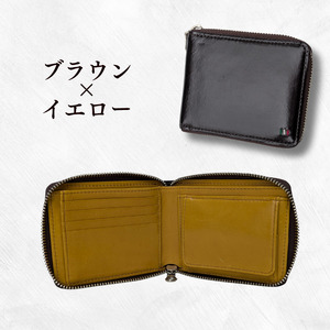 牛革　二つ折りファスナー財布　ステッチA（ブラウン×イエロー）