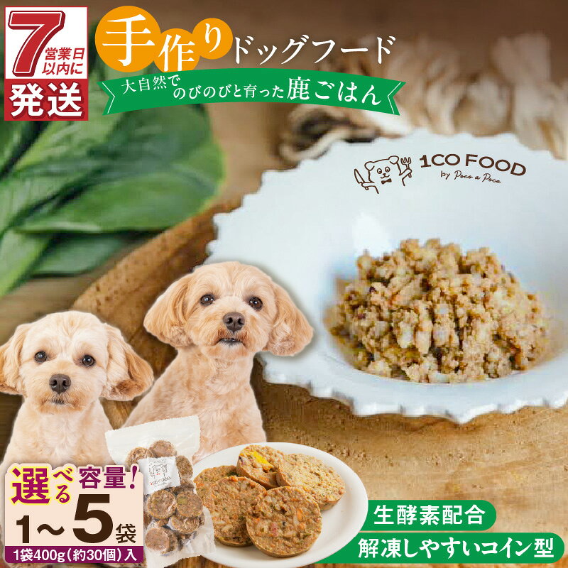 【ふるさと納税】ドッグフード 手作り 鹿ごはん 選べる 内容量 400g × 1袋 ～ 5袋 1cofood 高タンパク 低カロリー 低脂質 鉄分 ジビエ 鹿肉 国産野菜 米 フルーツ 生酵素 海藻 コイン型 ペット 冷凍 福岡県 久留米市 送料無料