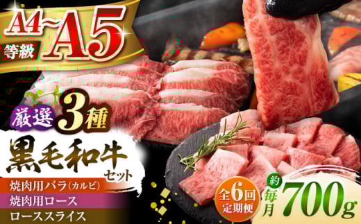 【全6回定期便】くまもと黒毛和牛「藤彩牛」厳選3種の食べ比べ計700g 3902 / 牛肉 黒毛和牛 バラ ロース スライス カルビ 700g A5 A4 ランク 阿蘇 熊本県 菊陽町 焼き肉 BBQ 和牛 人気 部位   冷凍 ブランド ブランド和牛 おすすめ 便利 希少 普段使い 肉料理 ごはん ご飯 肉 にく niku 九州 がっつり 贅沢【株式会社フジチク】 [BHAD043]