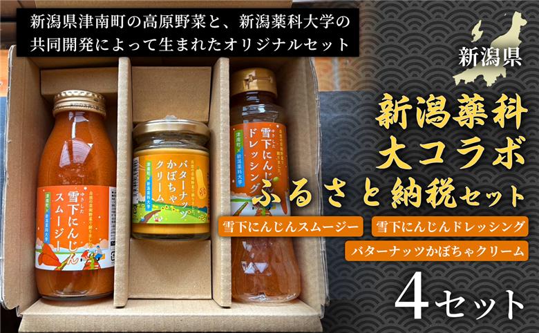 【野菜の栄養まるごとセット】新潟薬科大コラボ-ふるさと納税セット- 雪下にんじんスムージー1本 雪下にんじんドレッシング1本 バターナッツかぼちゃクリーム1瓶 4セット 新潟県 津南町 155751-091