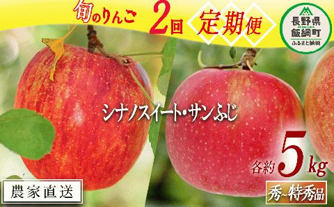 旬のりんご 【 定期便 】 秀 ～ 特秀 5kg × 2回 渡辺農園 沖縄配送不可 2024年10月中旬～2024年12月中旬順次発送 R6年度収穫 エコファーマー 減農薬 長野県 飯綱町[1147]