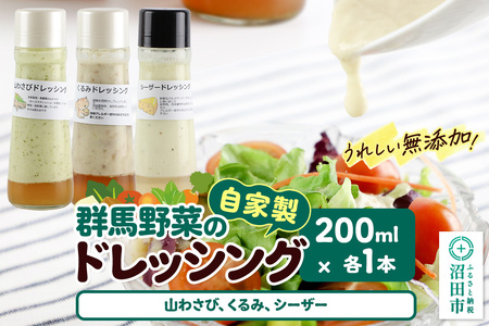 自家製・群馬産野菜で手作りドレッシング（山わさび、くるみ、シーザー）200ml×各1本 泙川食品