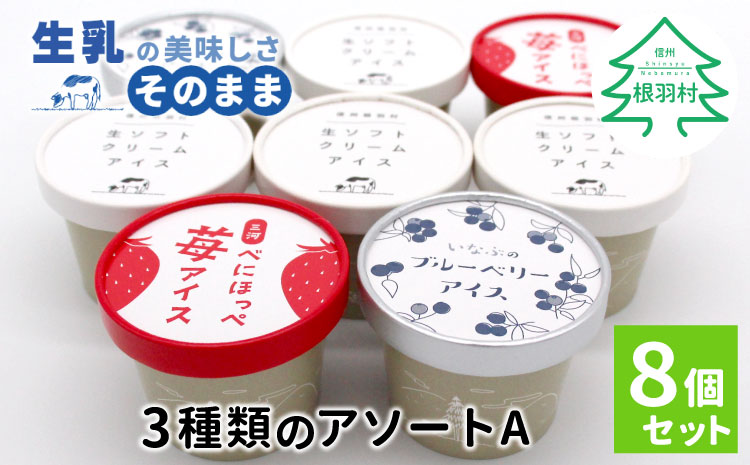 〈即日発送〉３種類のアソートA　８個セット 生ソフトクリームアイス 紅ほっぺ いちごアイス 80ml 100ml 生乳 牛乳 ミルク スイーツ アイスクリーム 信州 搾りたて アイス イチゴ ブルーベリー 6000円