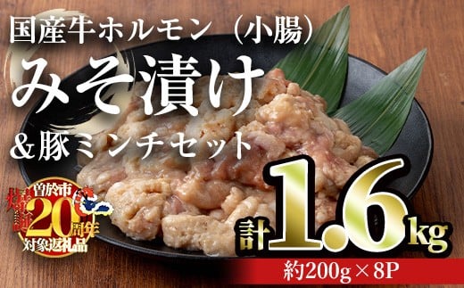 
            国産牛ホルモン（小腸）みそ漬け＆豚ミンチセット(計1.6kg・約200g×8パック)牛肉 ホルモン みそ漬け【おきどき】A886-v01
          