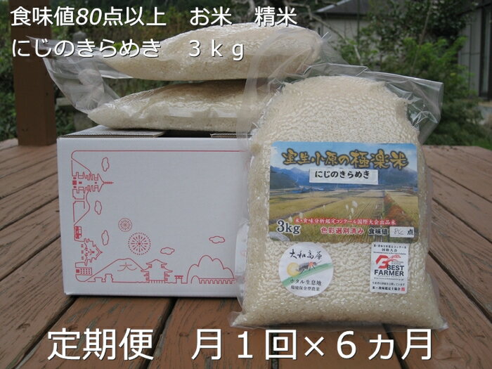 【ふるさと納税】《予約受付》★令和7年産★定期便6ヶ月 にじのきらめき 白米3kg 食味値 80点以上 月1回／民ちゃん農園 有機肥料 ハイグレード 極上 おいしい ミネラル 米 こめ お米 精米お取り寄せ 美味しい 送料無料 奈良県 宇陀市 ふるさと納税 白米 新米