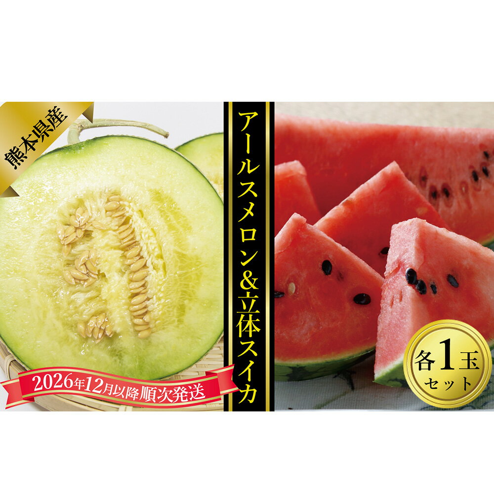 【ふるさと納税】熊本県産アールスメロンと立体スイカ 計2玉（各1玉） メロン めろん スイカ すいか 西瓜 くだもの 果物 果実 フルーツ デザート 熊本県産 国産 九州 熊本県 送料無料 【2026年12月上旬発送開始】