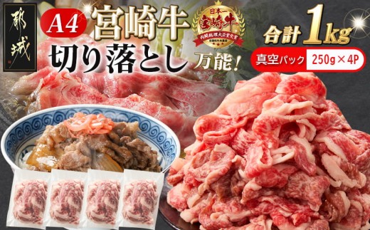 
                  宮崎牛切り落とし1kg(真空)_MJ-89-006-1000g-s_(都城市) 宮崎県産 宮崎牛 牛肉 A4ランク 切り落とし 切落し 250g × 4パック 真空 小分け 1kg 牛丼 炒め物 便利
                