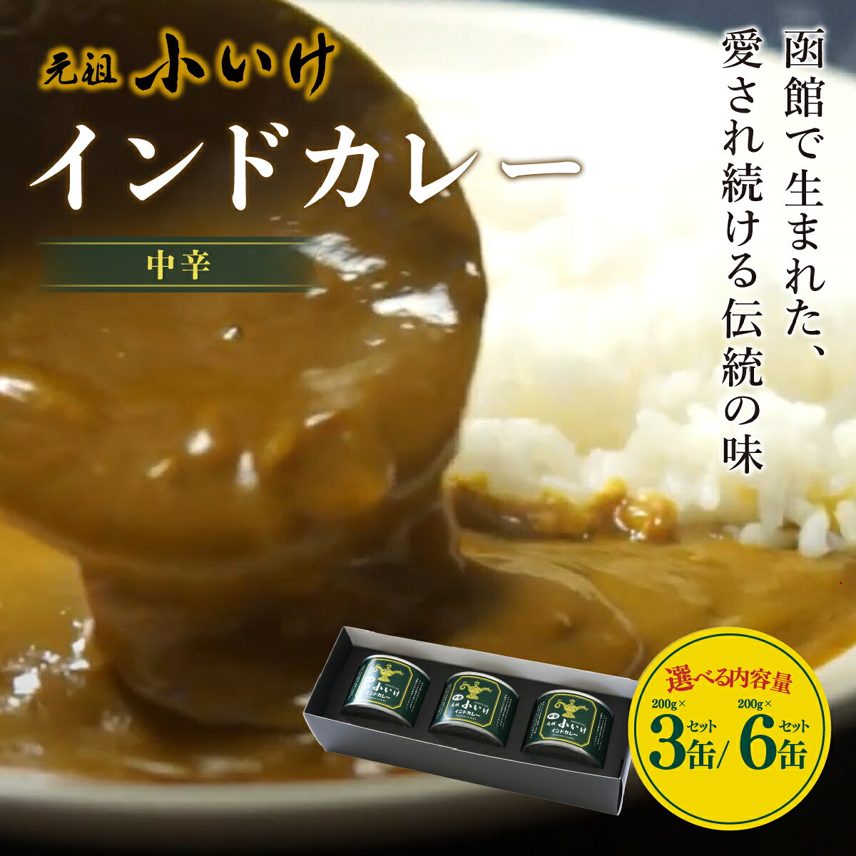 【ふるさと納税】函館 元祖小いけ 中辛 インドカレー ご当地カレー レトルトカレー 選べる 3缶 6缶 創業昭和23年 スパイス香る伝統の老舗の味 カレー缶詰 常温保存 ギフト 北海道 七飯町