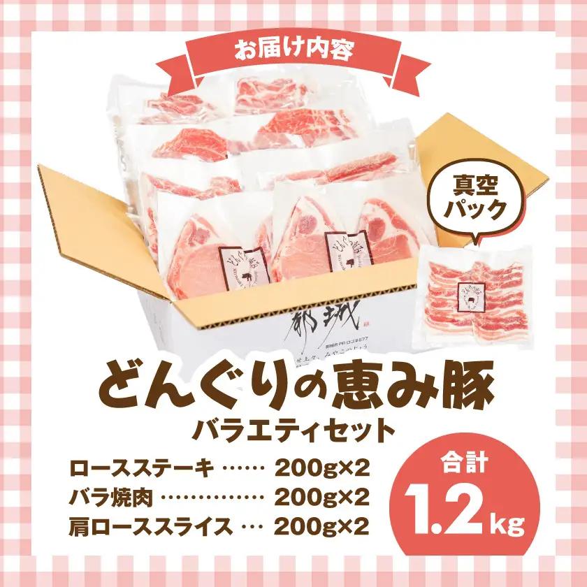 「どんぐりの恵み豚」3種バラエティ1.2kg(真空パック)〔13-11-001〕_(都城市) 都城産 都城産ブランド豚 どんぐりの恵み豚 どんぐり粉飼料 ステーキ スライス 焼肉 豚肉
