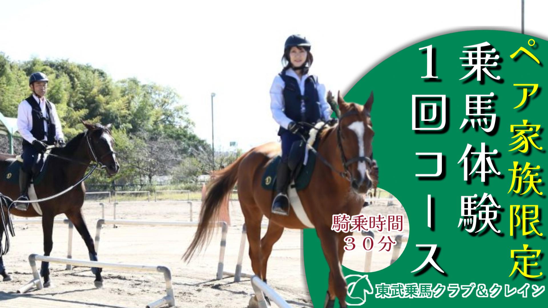 
                  乗馬体験 ペア2名 1回コース 所要約90分 騎乗30分 初心者歓迎 マンツーマンレッスン 完全予約制 招待券 有効期限1年 ブーツ・ヘルメット・エアバッグベストレンタル 保険料込み 小学1年生～75歳 馬とのふれあい 体験チケット 東武乗馬クラブ＆クレイン 東武動物公園内 埼玉県白岡市
                