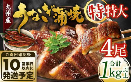 九州産 うなぎ蒲焼 特特大4尾 (1尾あたり250～266g) 合計：1kg以上【順次発送】