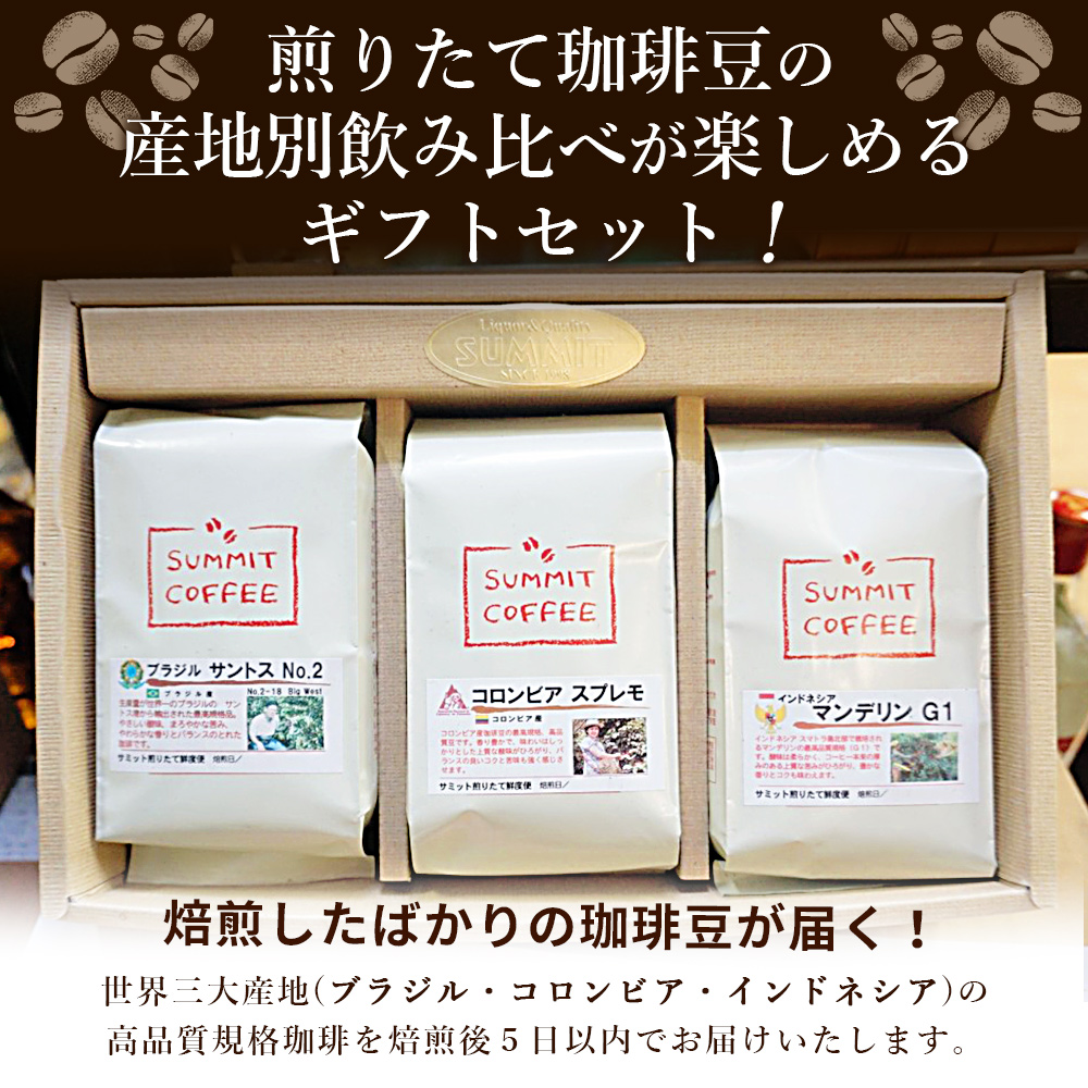 ＜サミット 煎りたて珈琲豆 3種飲み比べセット 合計600g（200g×3種）＞ コーヒー 珈琲豆 愛媛県 西予市