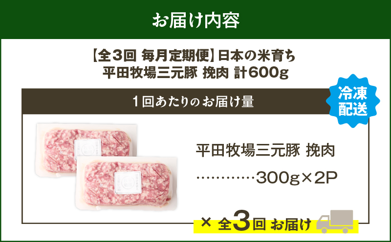 【全3回 毎月定期便】日本の米育ち平田牧場三元豚ひき肉 600g　T036-T12-01