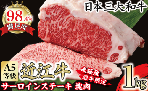 A5等級未経産雌牛　近江牛サーロインステーキ　塊肉1kg折箱入【FO37W】（国産牛　和牛　ブランド牛　ブランド和牛　黒毛和牛　牛肉　肉　高級　人気　おすすめ　神戸牛　松阪牛 に並ぶ 日本三大和牛 近江牛）