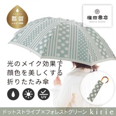 ふるさと納税 都留市 創業150年以上の傘専門店が作る婦人折傘　kirieドットストライプ(フォレストグリーン)/晴雨兼用