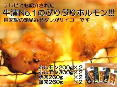 【027-05】自家製 みそダレ Pセット 牛 ホルモン 200g 300ｇ×各２ 豚肉 ×２ 鶏肉 ×２/ 黒毛和牛ホルモン 牛清 バーベキュー BBQ キャンプ 牛肉 ぶた肉 とり肉 特製 味噌漬 味付 伊勢志摩
