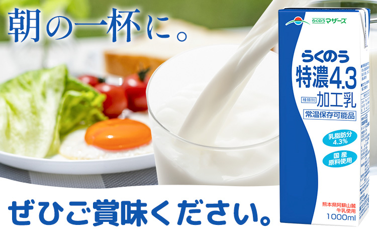 【12ヶ月定期便】常温保存可能 らくのう特濃4.3 1000ml × 6本 計72本 合同会社たべたせいか《申込月の翌月から出荷開始》熊本県 菊池市 紙パック 牛乳 特濃 飲料 らくのうマザーズ 乳飲