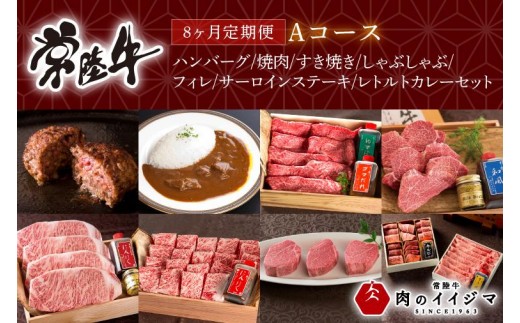 8ヶ月 定期便 肉 常陸牛 Aコース 肉 ハンバーグ 焼肉 すき焼き しゃぶしゃぶ フィレ サーロイン ステーキ レトルト 常陸牛カレー ビーフカレー 国産牛 黒毛和牛 父の日 お取り寄せ お祝い 内祝い 出産 結婚 快気祝いプレゼント 誕生日 ギフト対応  茨城県 水戸市 肉のイイジマ（DU-114）