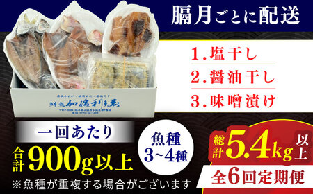 『定期便』全6回(隔月発送)【加福鮮魚】 季節の旬の魚をお届け！"生"干物厳選詰め合わせ 一夜干し 醤油干し 味噌漬け 塩干し[G-015001]