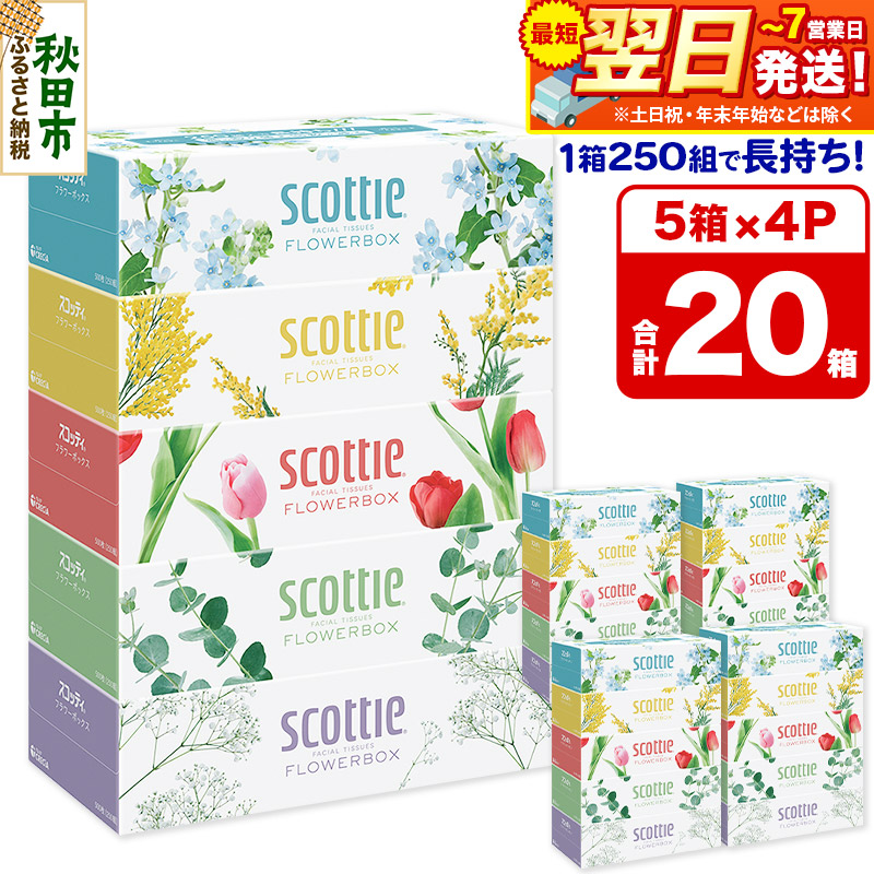 最短翌日発送ティッシュペーパー スコッティ フラワーボックス250組 20箱(5箱×4パック) ティッシュ 秋田市オリジナル  最短翌日発送