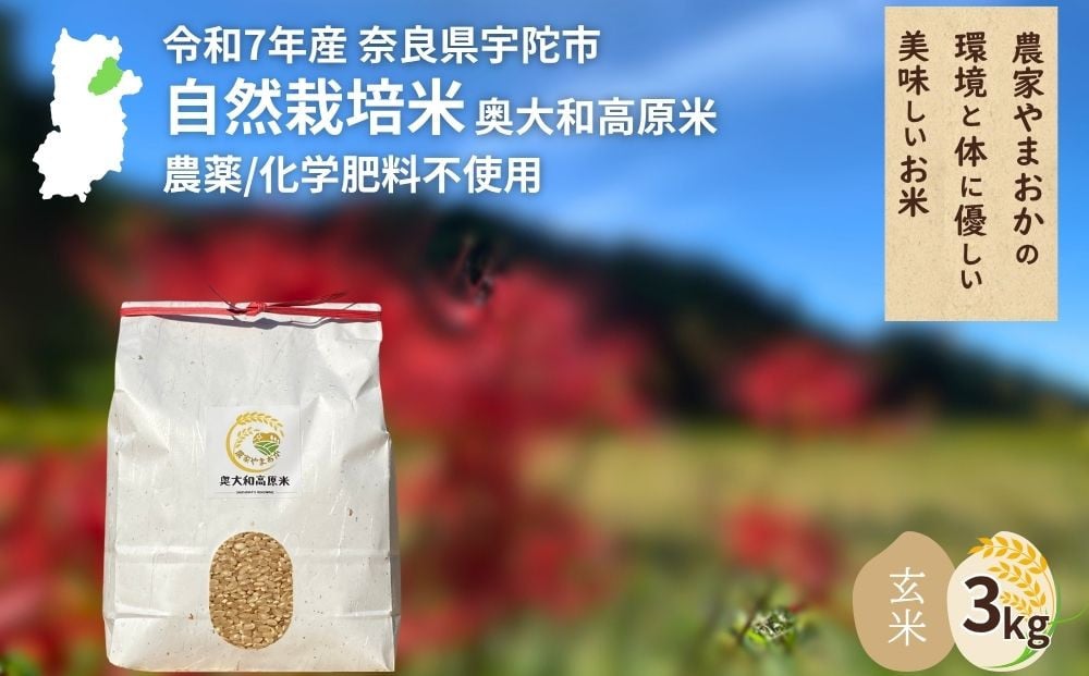
            ＜令和7年産・先行予約＞自然栽培米 玄米 3kg 9月末より順次発送 ／ ふるさと納税 無農薬 米 お米 こめ コメ 国産 新米 玄米  農家やまおか 奈良県 宇陀市
          