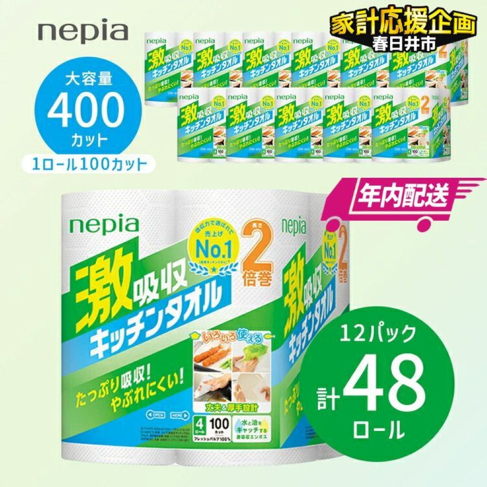 【ふるさと納税】★家計応援★【入金確認後2週間以内発送】【年内配送】 ネピア激吸収キッチンタオル4ロール100カット×12パック | 日用品 消耗品 生活用品 ペーパータオル キッチンペーパー キッチン用品 厚手 ストック 吸水 防災 備蓄 まとめ買い 全国 一人暮らし nepia
