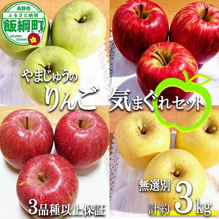 【ふるさと納税】 りんご 3品種以上保証 気まぐれセット 3kg 詰め合わせ セット やまじゅうファーム 沖縄県への配送不可 令和8年度収穫分 環境にやさしい 減農薬栽培 長野県 飯綱町 【 信州 果物 フルーツ リンゴ 林檎 長野 】発送時期：2026年11月中旬〜2026年12月下旬