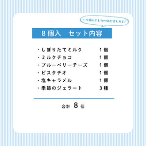 ジェラート 定期便 8個入 3回 ミルク チョコ ブルーベリー チーズ ピスタチオ 塩 キャラメル 塩キャラメル アイス ジェラート セット 季節 限定 季節限定 てづくり なちゅらるじぇらーと なか