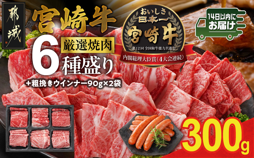 宮崎牛6種盛り焼肉食べ比べ300g+粗挽きウインナー90g×2袋≪みやこんじょ快速便≫_16-N204-R-ESW-CF_【肉 牛肉 焼き肉 焼肉 人気 おすすめ 国産 宮崎県産】