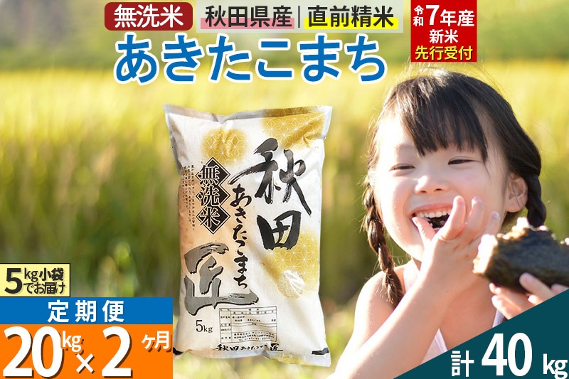 【無洗米】＜令和7年産 新米予約＞《定期便2ヶ月》秋田県産 あきたこまち 20kg (5kg×4袋) ×2回 20キロ お米【お届け周期調整 隔月お届けも可】 新米|02_snk-030802s